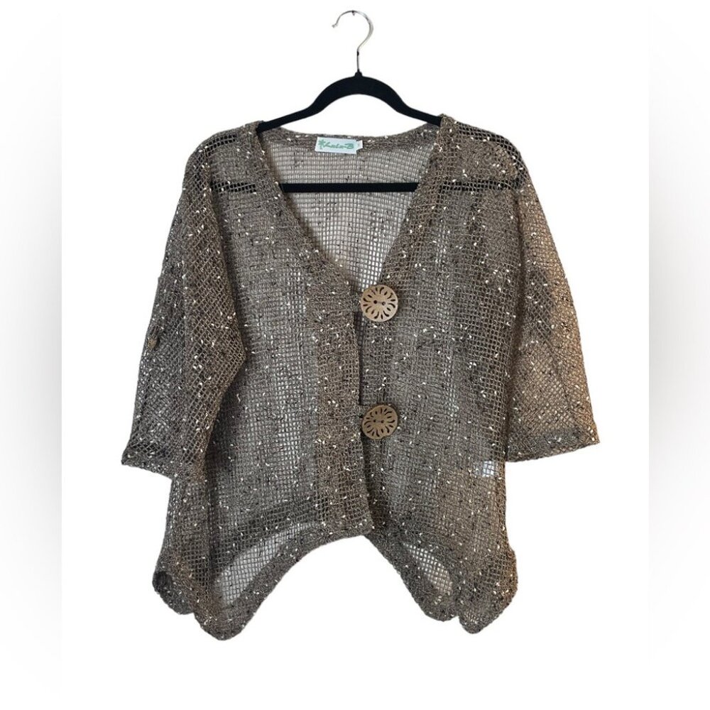 Lulu-B Vintage Open Knit Cardigan Boho Beach Kimono Layering Top Brown Medium - Picture 5 of 9